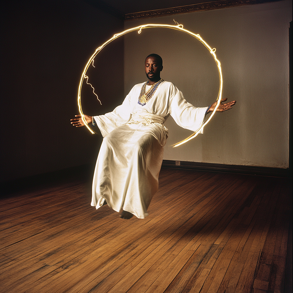 Golden Rings Encircle Floating African Man Stock Photo