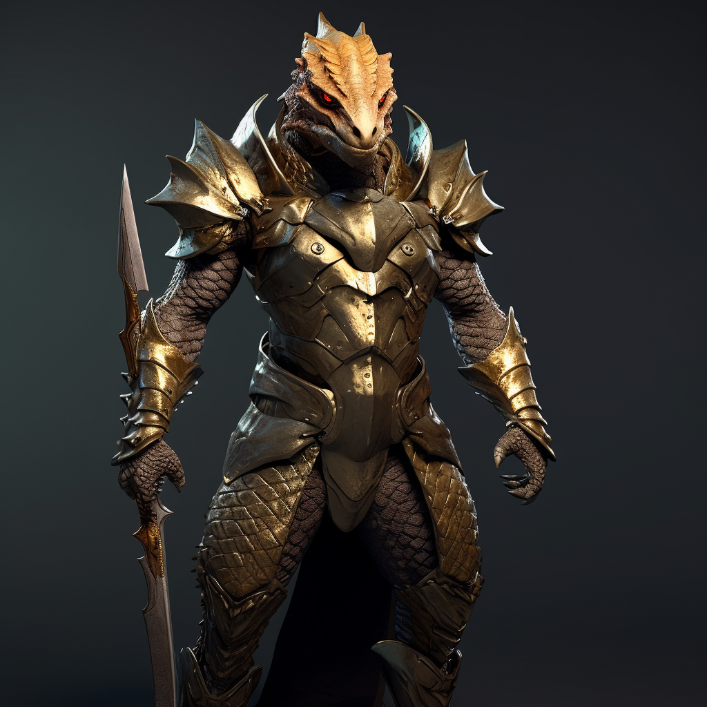 Male Dragonborn in Heavy Metal Armor Holding Pike Weapon