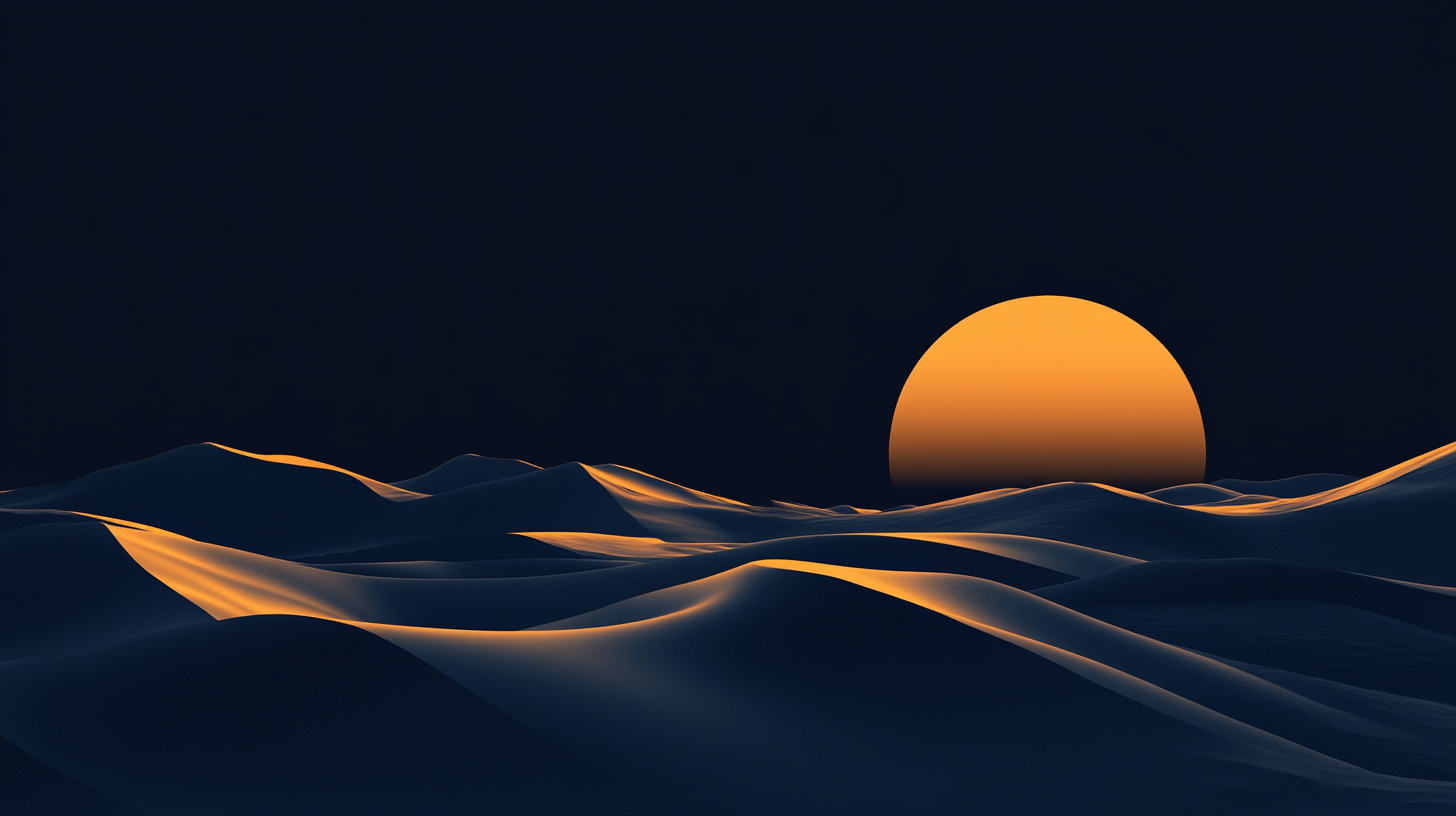 Golden Sun Setting Over Dark Blue Desert