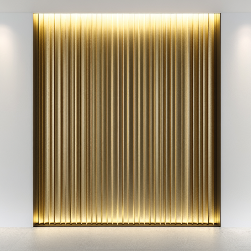 Golden Wall with Fluted Panels and Soft Lighting