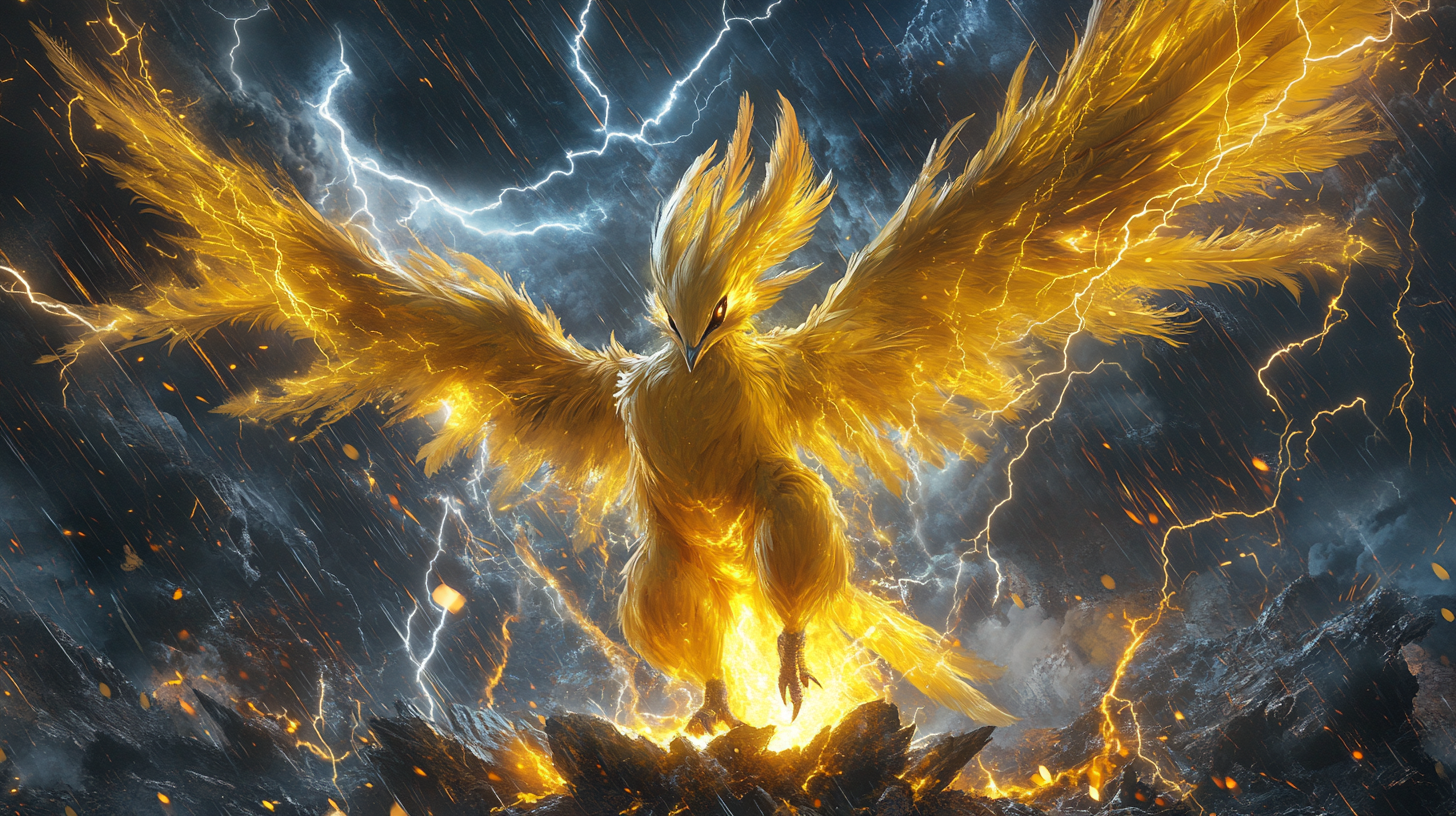 Golden Zapdos hatching from stormy egg, surrounded by lightning.