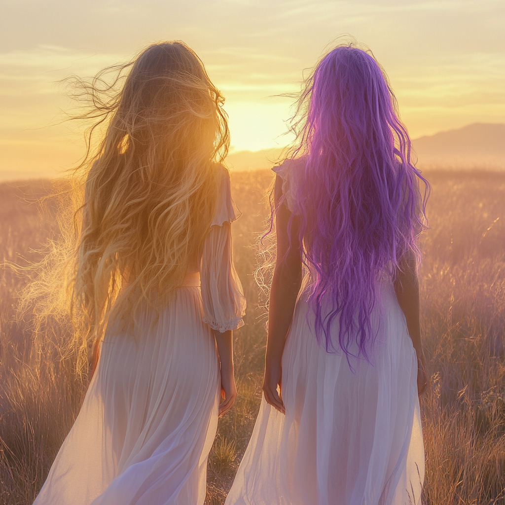 Golden and Purple Haired Women Walking Towards Sunset