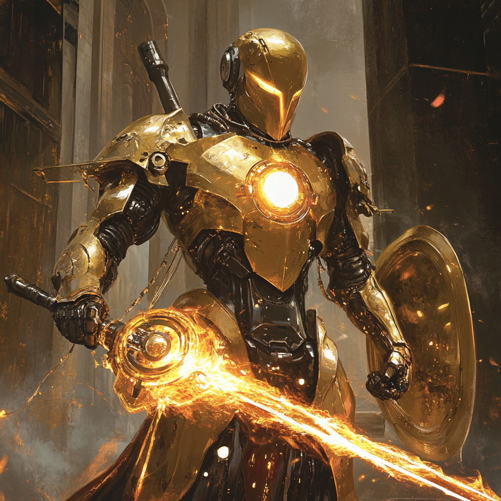 Golden armor robot warrior with plasma sword