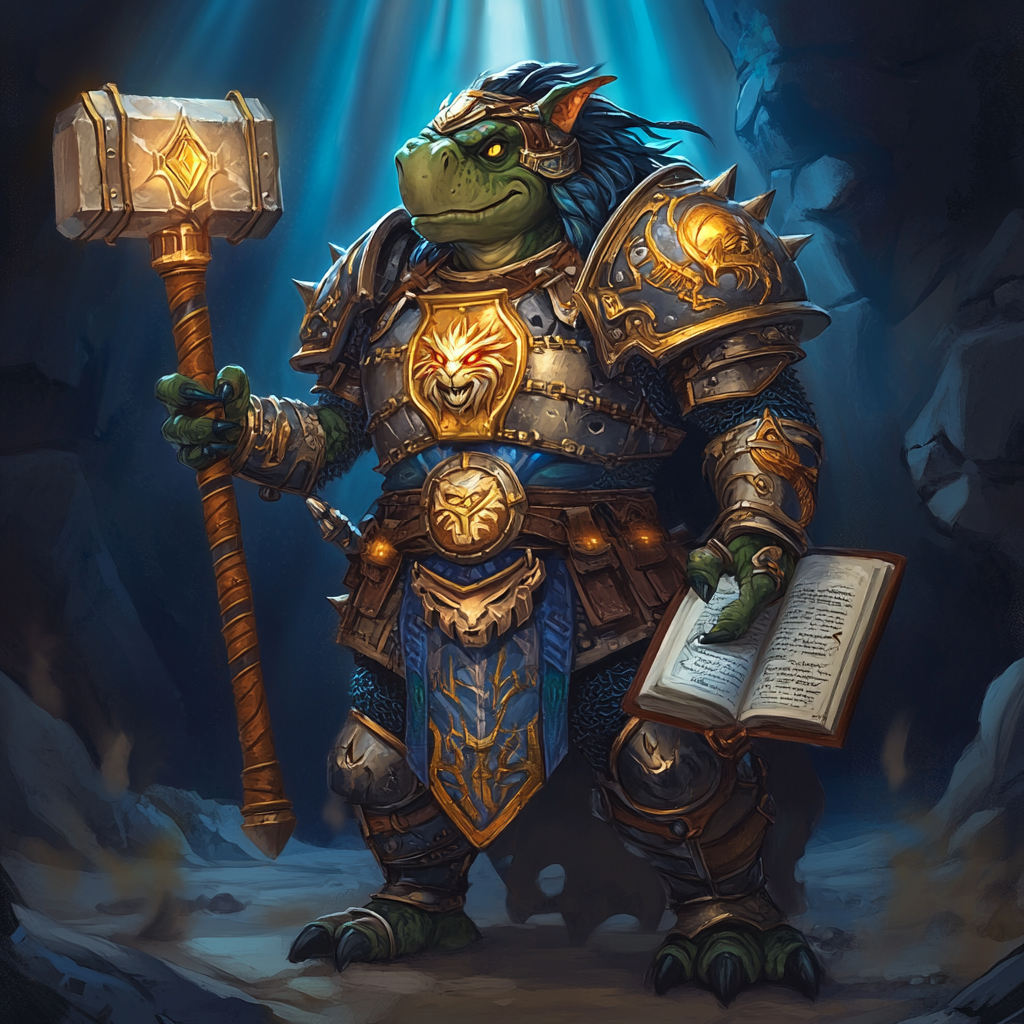 Golden-armored murloc paladin wields diamond hammer and holy grimoire.