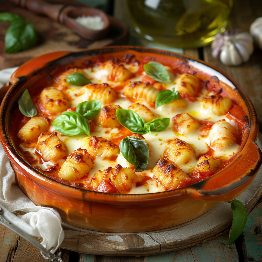 Golden baked gnocchi alla sorrentina with melted mozzarella.