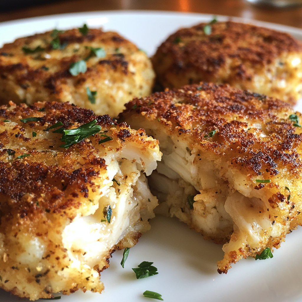 Golden-brown Baltimore Crab Cakes with juicy crab meat.