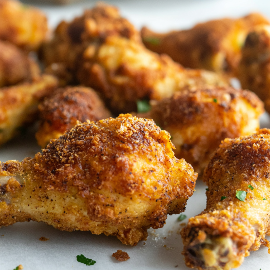 Golden-brown fried chicken on white plate