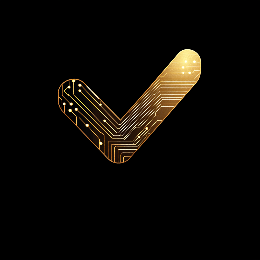 Golden check mark with circuit pattern on black