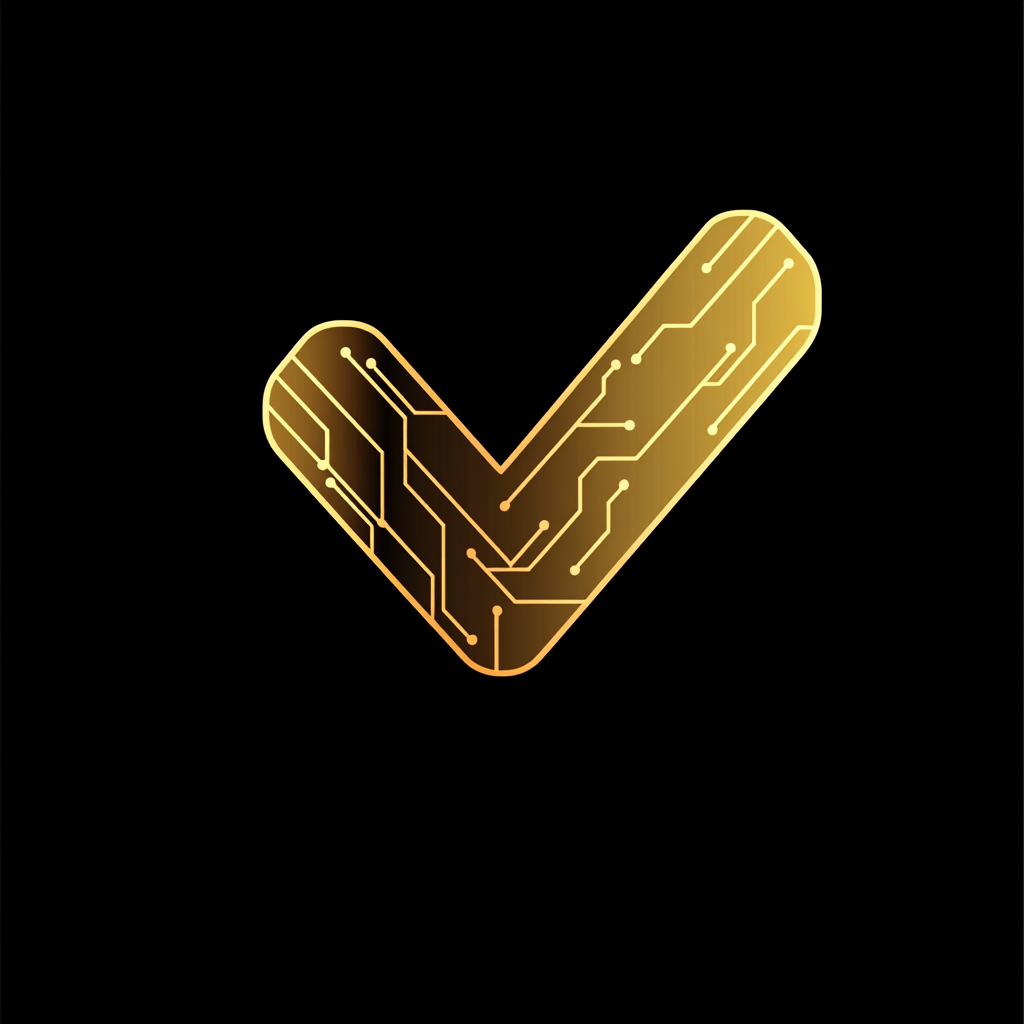 Golden check mark with circuit traces on black.