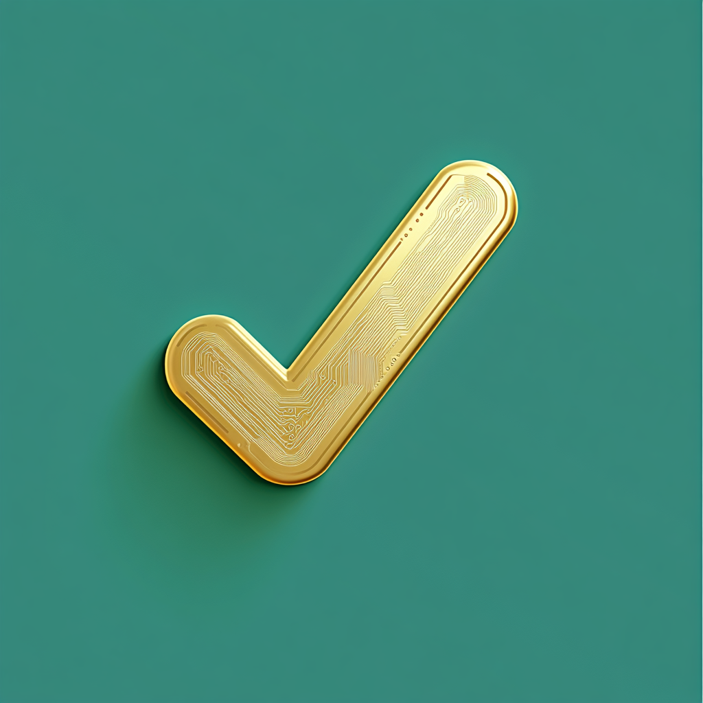 Golden check mark with circuitry on green background.