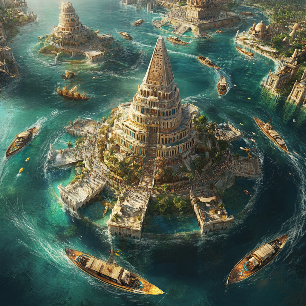 Golden city of Atlantis with marble homes and pyramid.