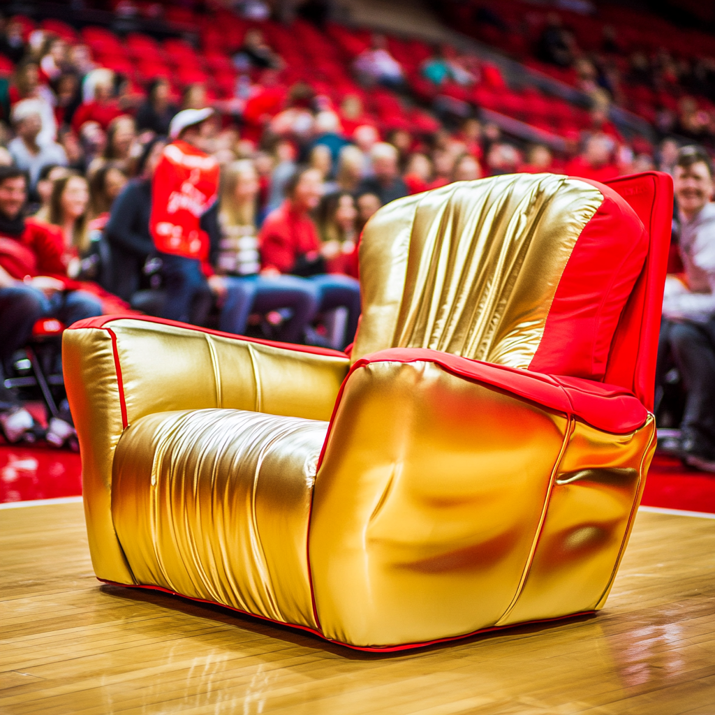 Golden couch seat at basketball game, fans cheering.