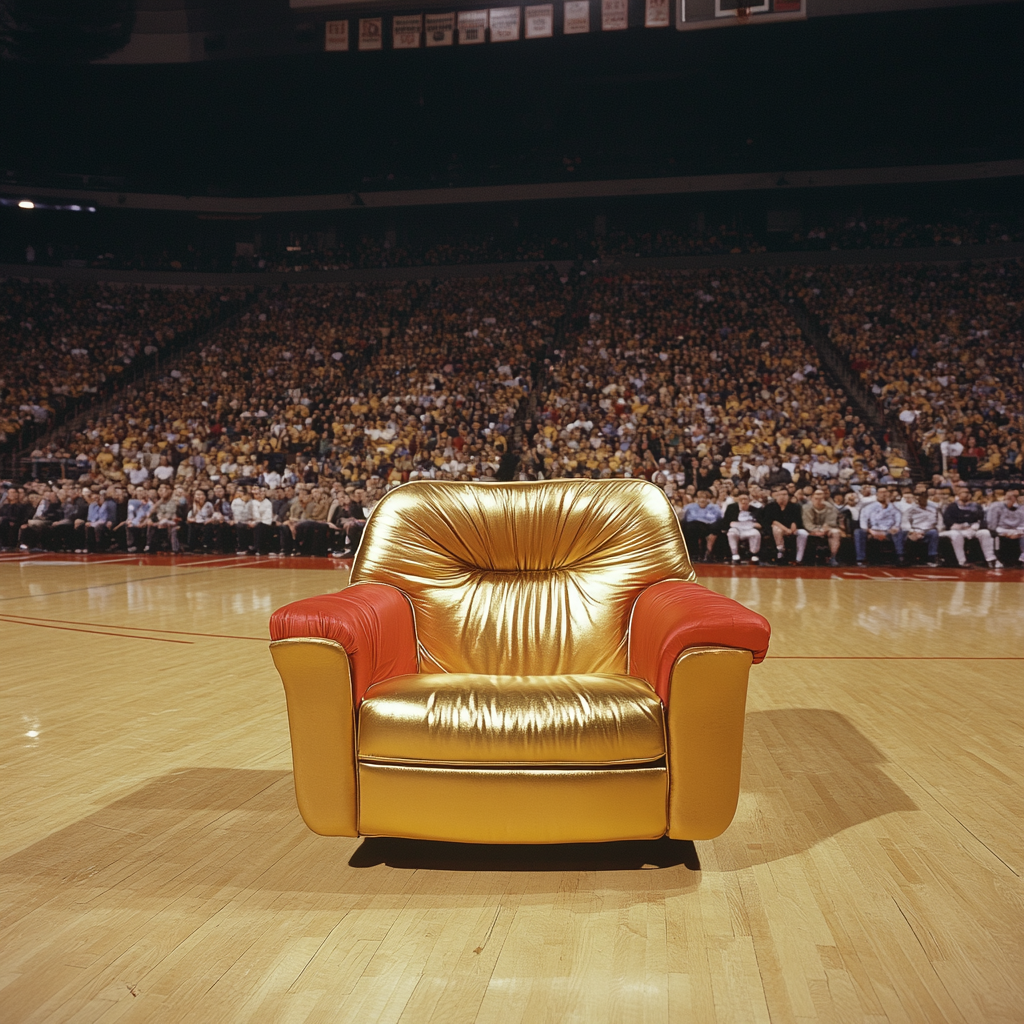 Golden couch seat in basketball court, fans cheering.