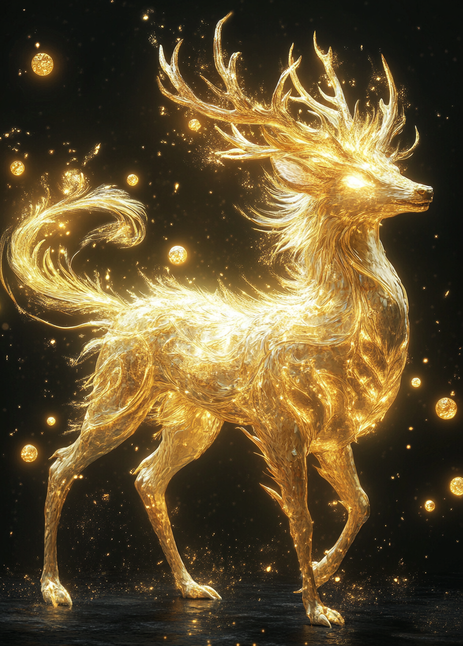 Golden deer-lion-dragon with orbs, divine creature