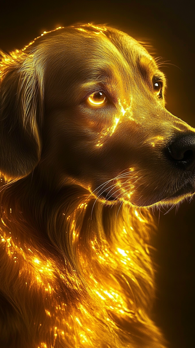 Golden dog with powers, eyes and fur shining gold.