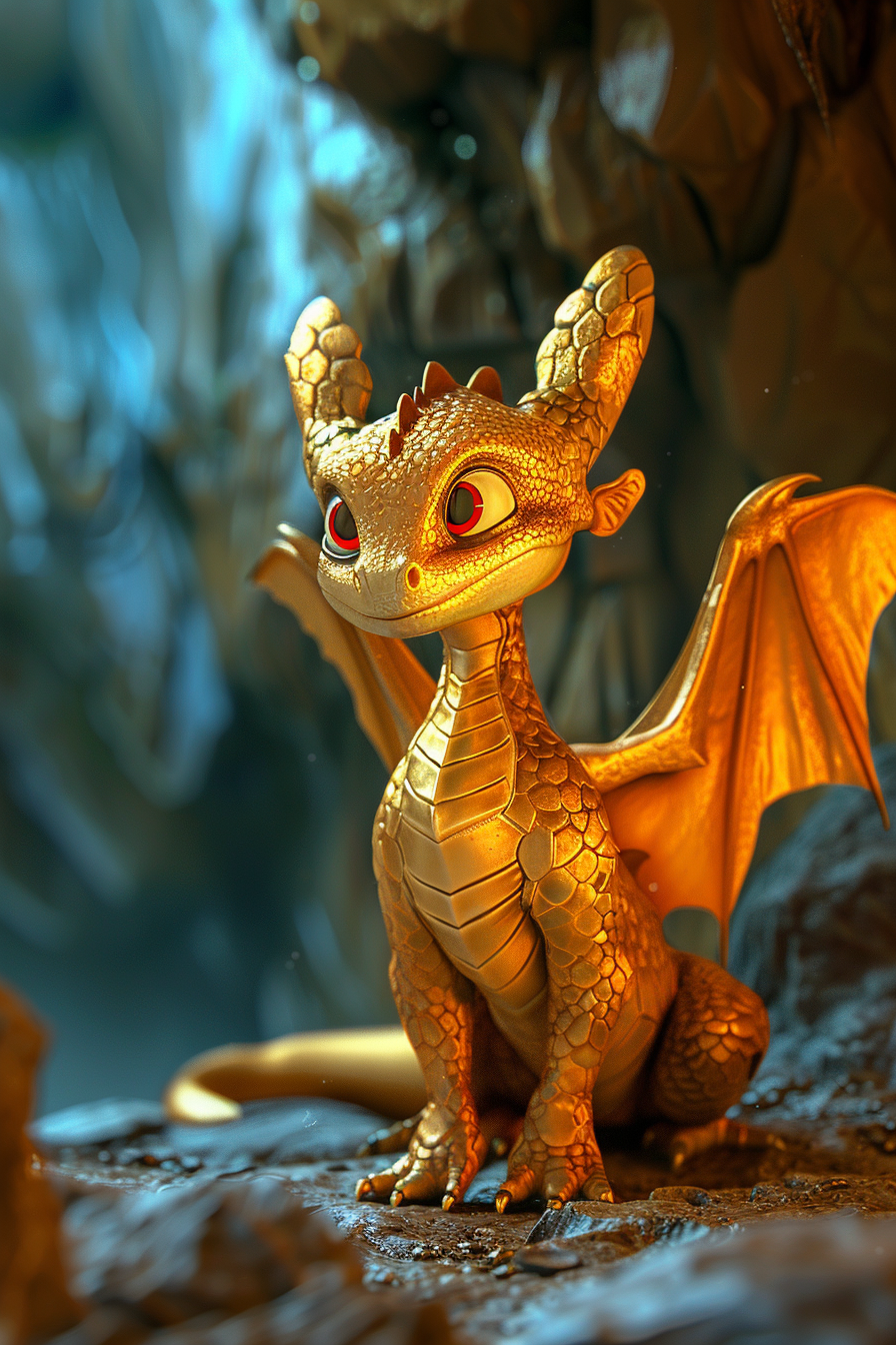 Golden dragon with glowing wings in magical cave.