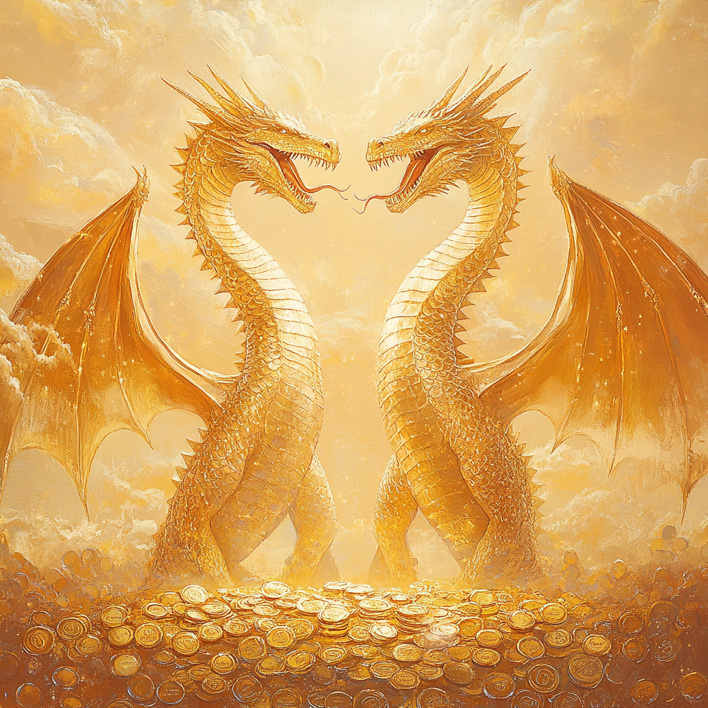 Golden dragons roaring in symmetrical balance with clouds