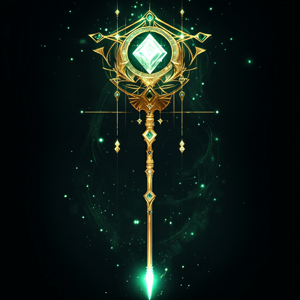 Golden fey scepter with white diamond, magical and regal.