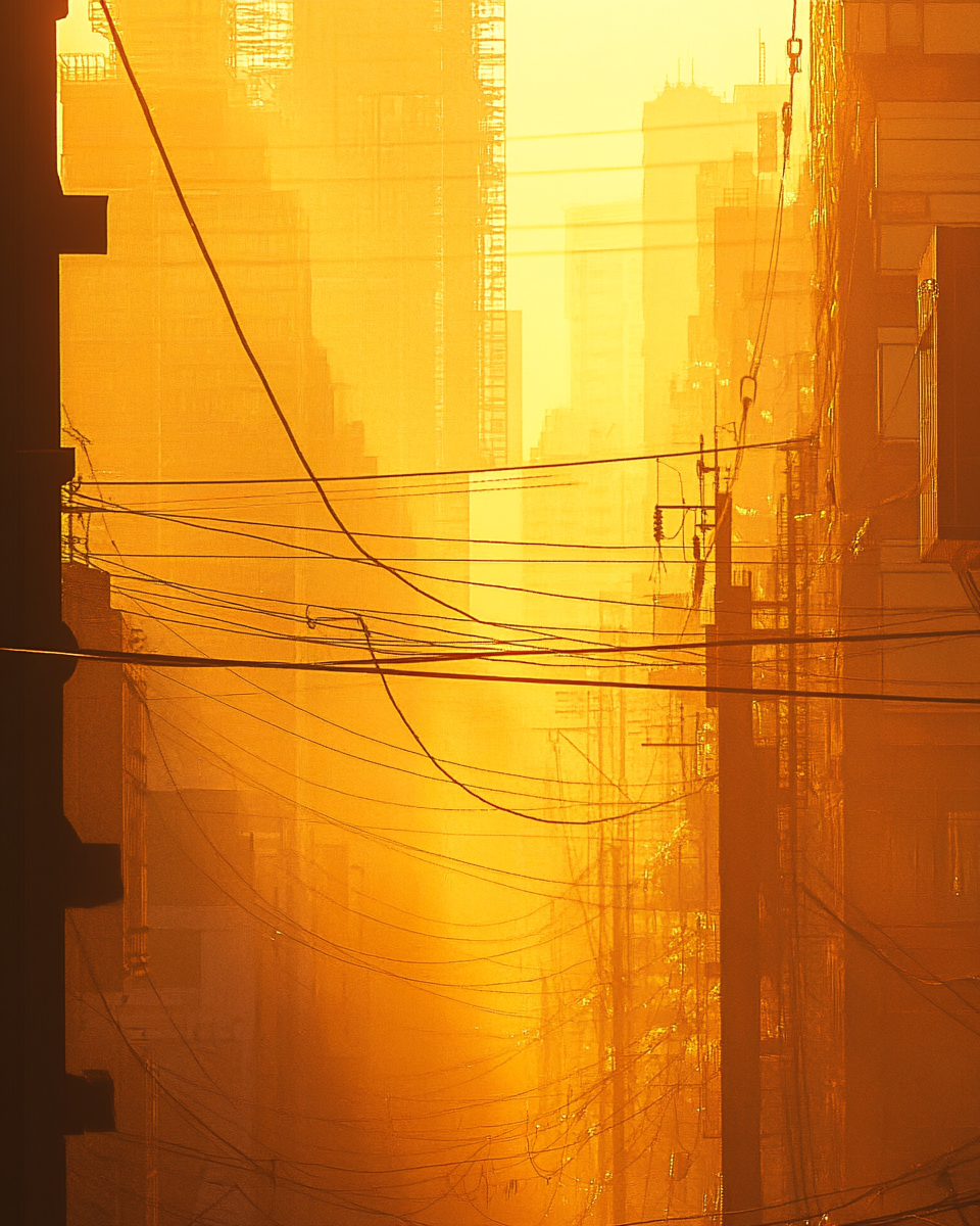 Golden fog envelops city with towering transmission lines