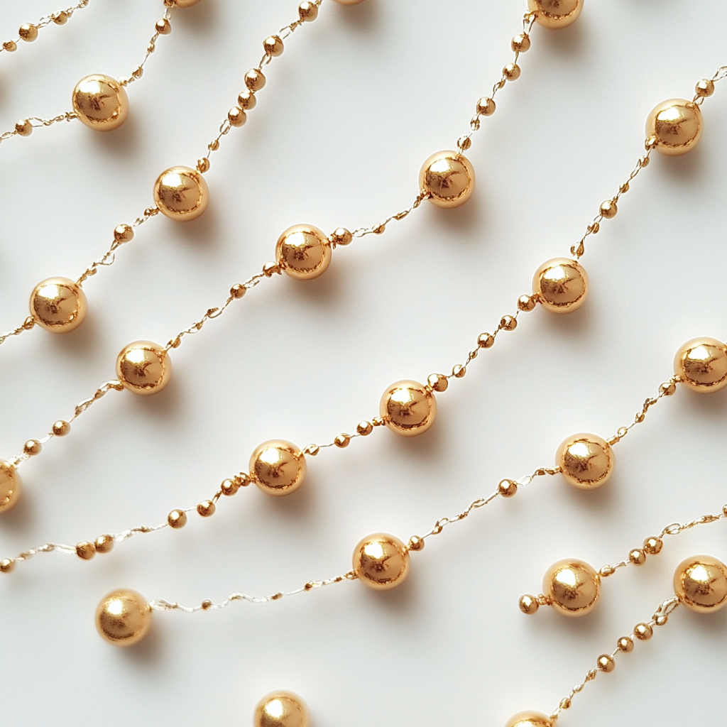 Golden garland of small round beads on white background.