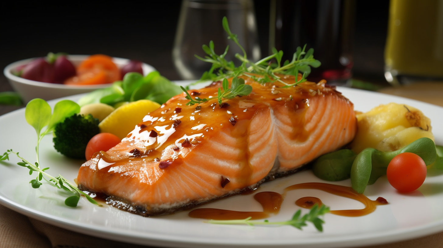 Golden glazed salmon fillets with boiled potatoes & veggies.