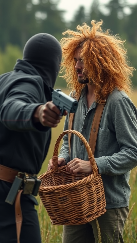 Golden-haired man attacked by black gunman in forest.