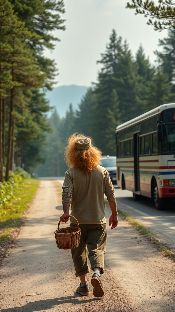 Golden-haired man walks in forest with basket, talks with old man, bus passes by.