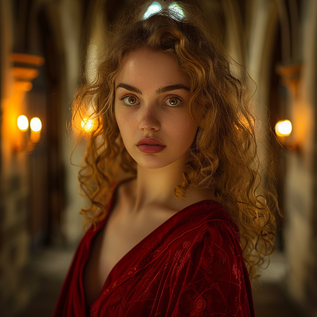 Golden haired woman in red robe at castle