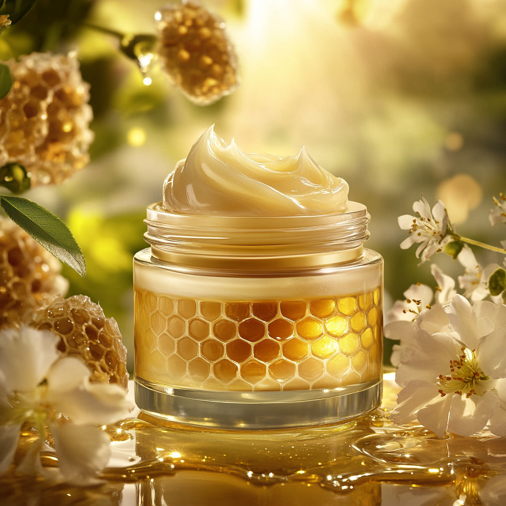 Golden honey cream in elegant glass jar