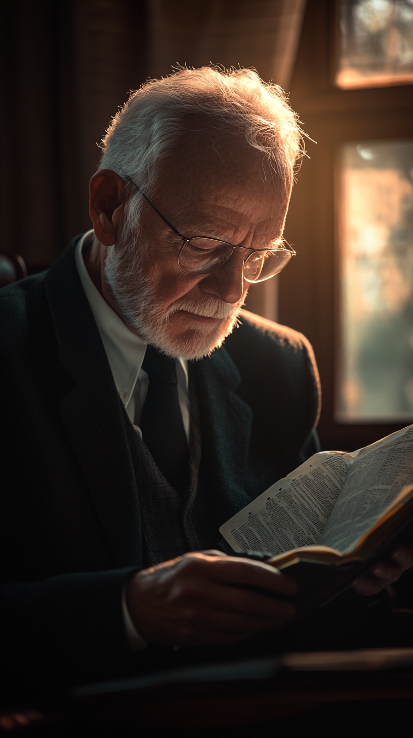 Golden hour image of Preacher Billy Graham reading Bible.