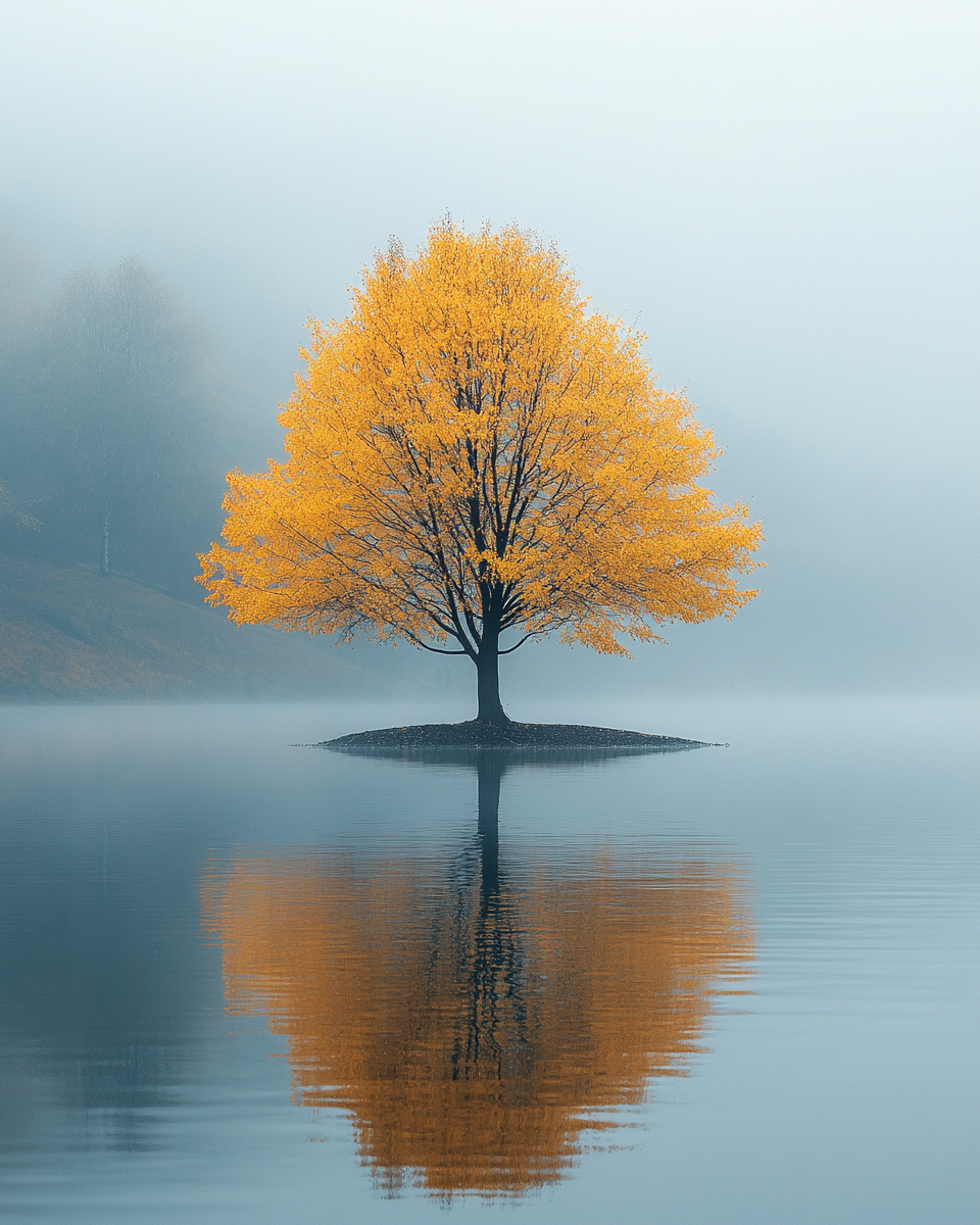 Golden-leafed tree stands in calm water under blue sky.