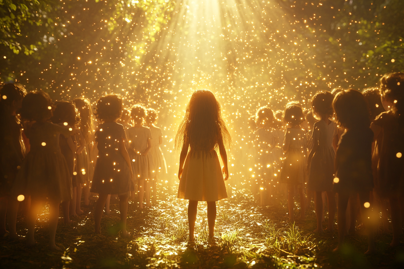 Golden light surrounds girl child and group of children.