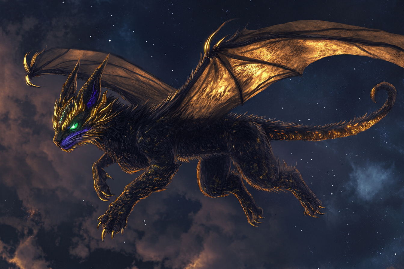 Golden-maned, black dragon with cat paws hovers in sky.