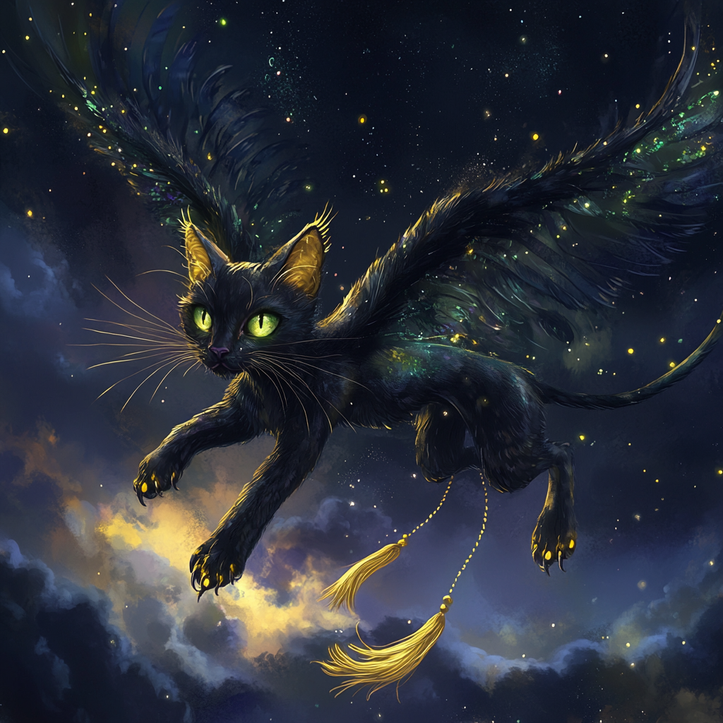 Golden-maned, cat-faced creature with black wings in night sky.