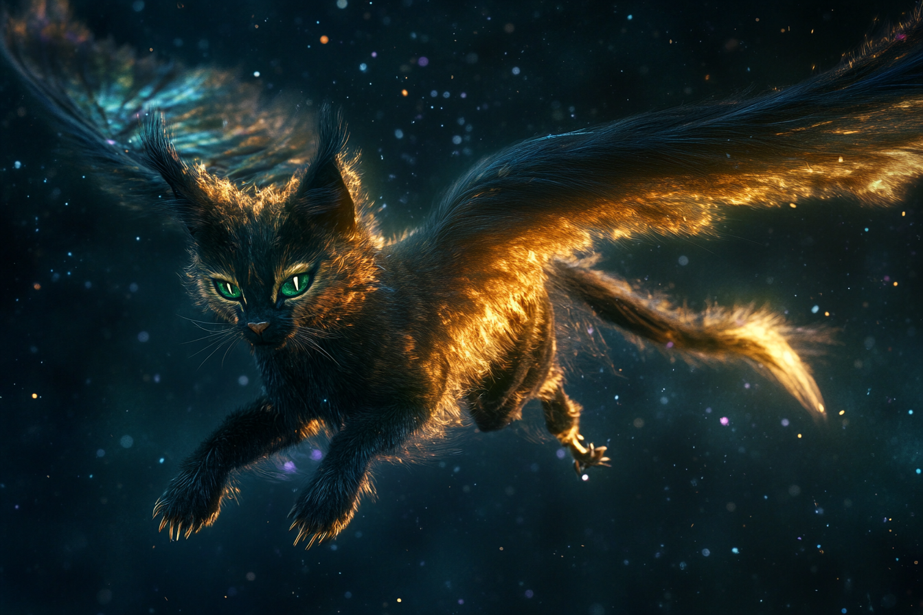 Golden-maned black fox-faced creature hovers with silky wings.