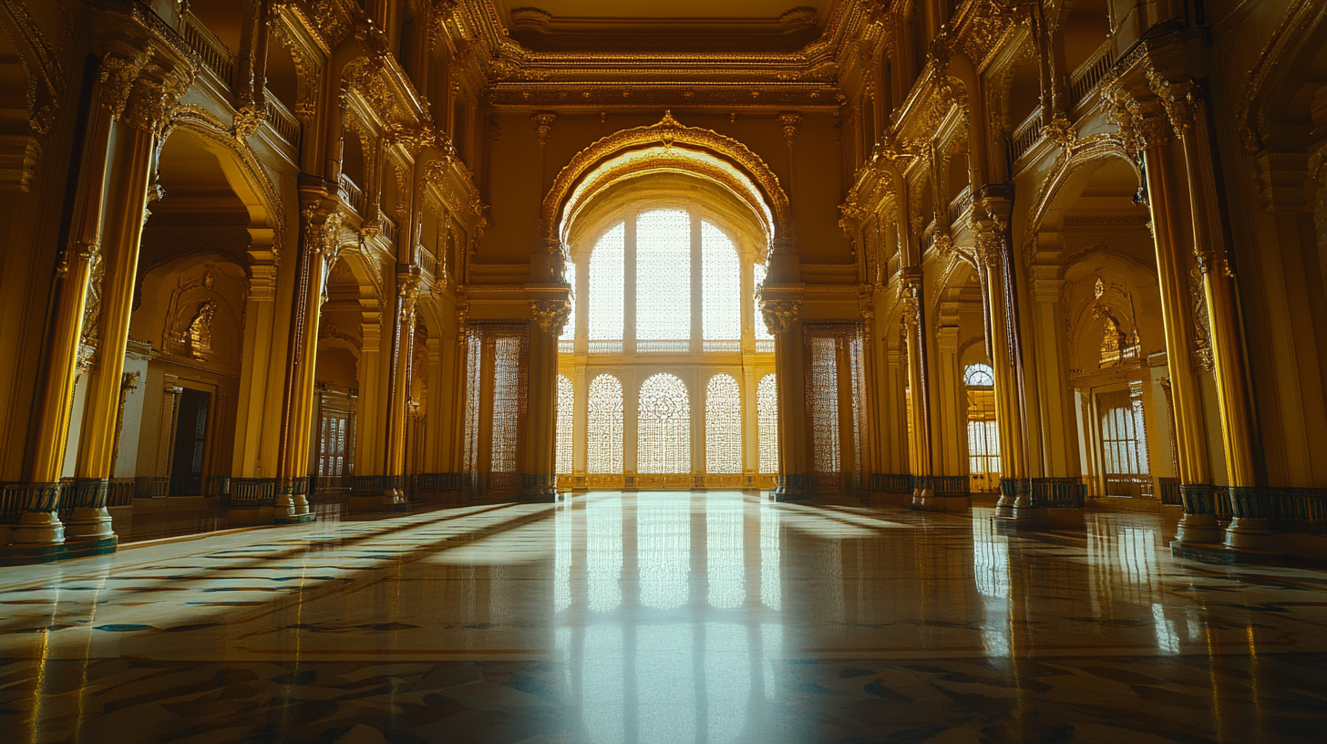 Golden palace interior with large central rectangle window.