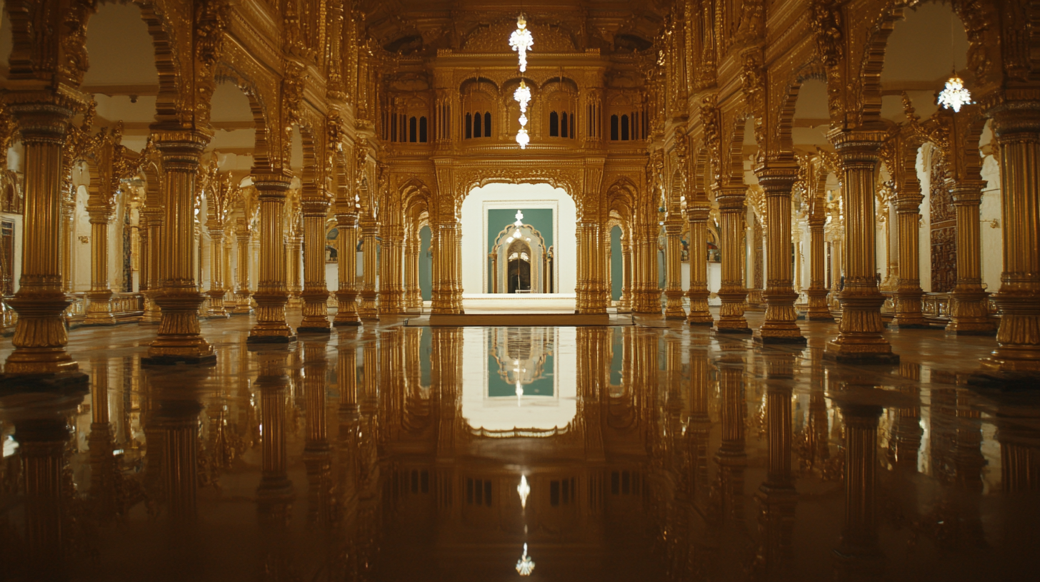 Golden palace interior with rectangle mirror, cinematic film look.