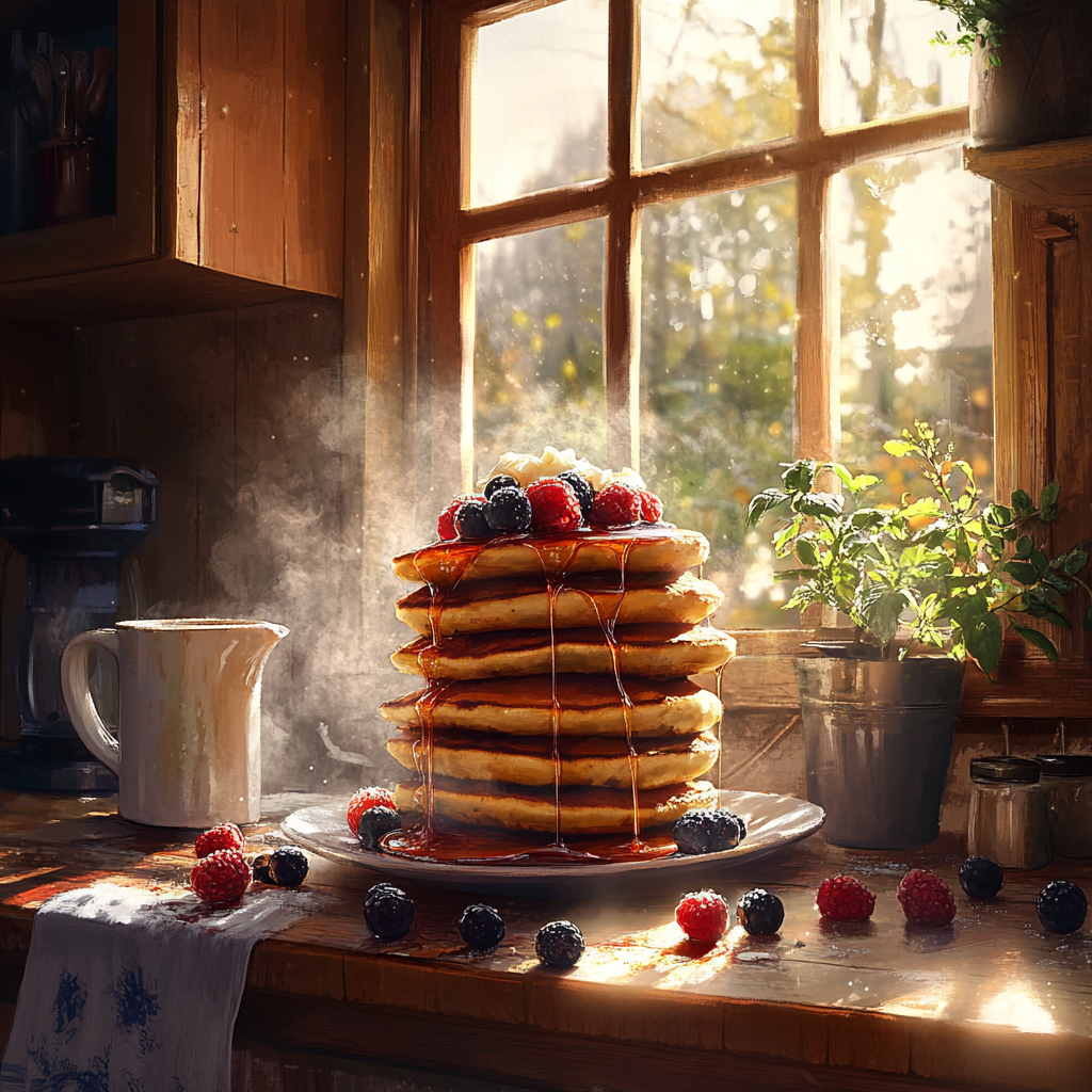 Golden pancakes stacked high with fresh berries and syrup.