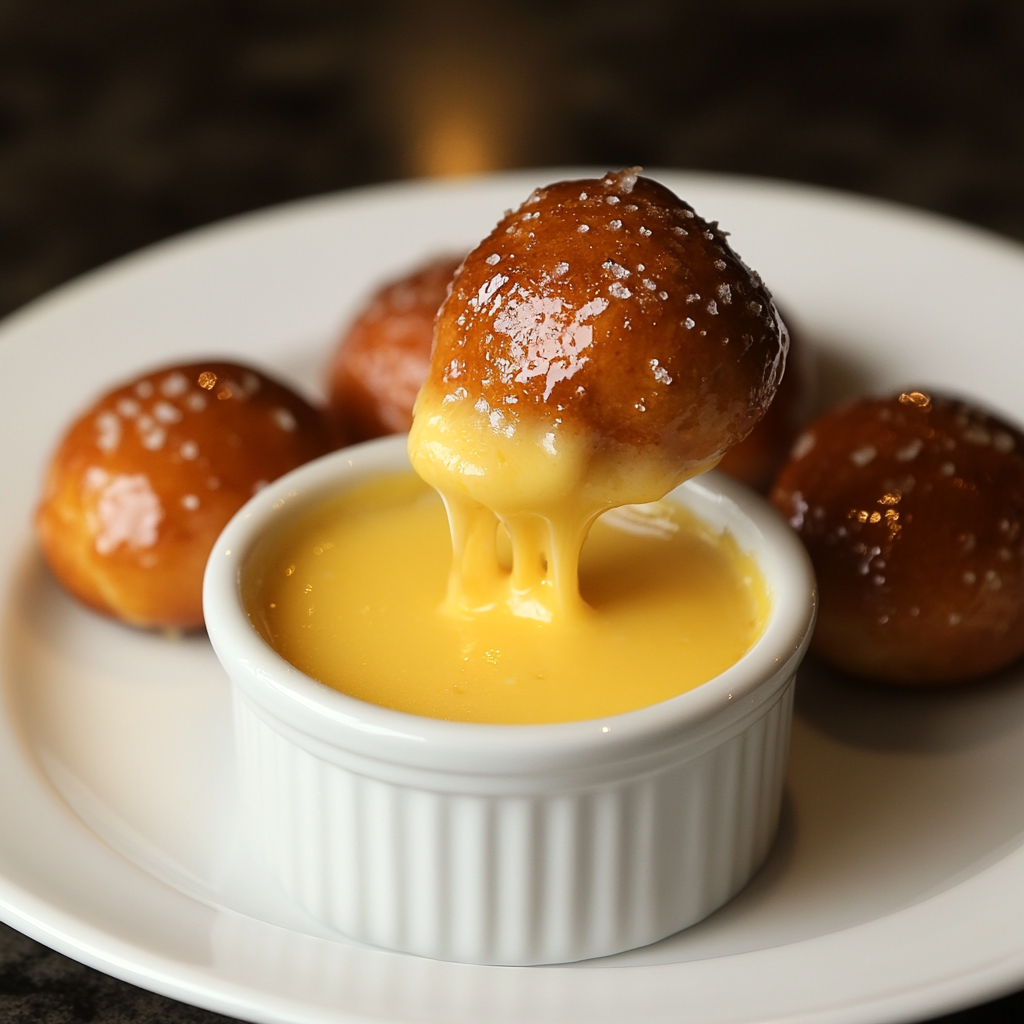 Golden pretzel bites with cheddar cheese sauce