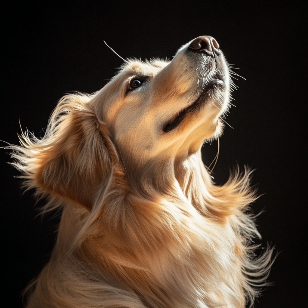 Golden retriever happy, fur illuminated, bright light commercial photography.