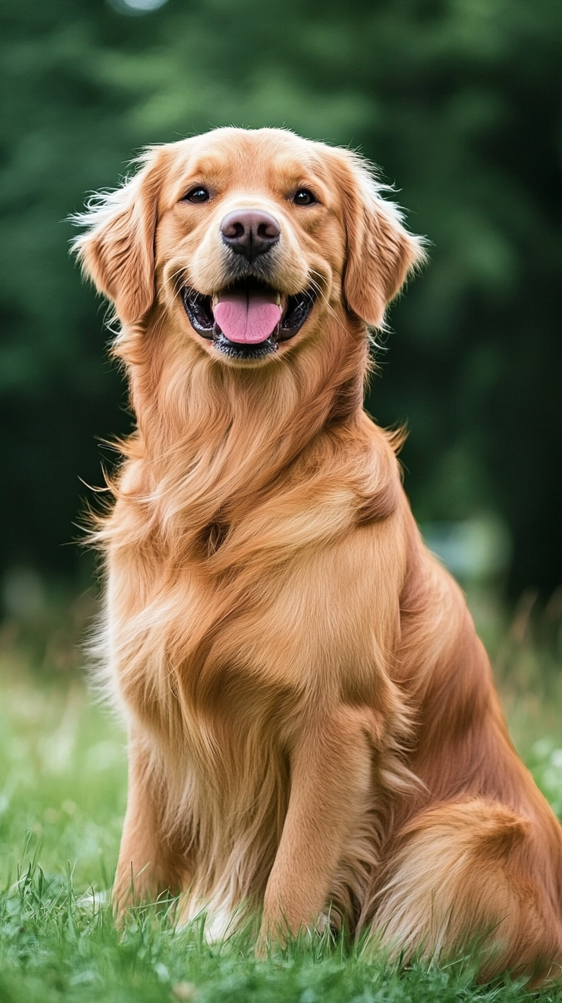 Golden retriever happy in grassy field with bright light.