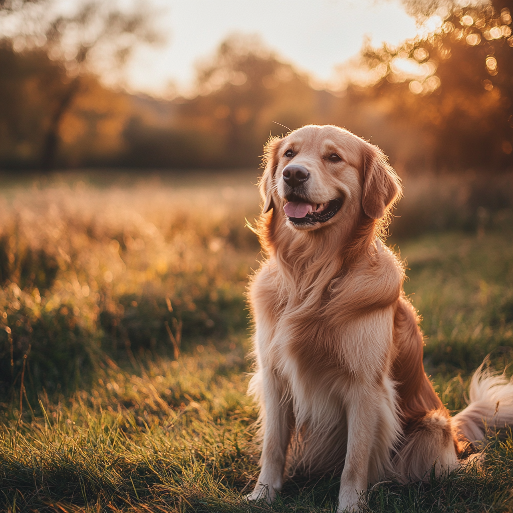 Golden retriever in grassy field, wagging tail happily.