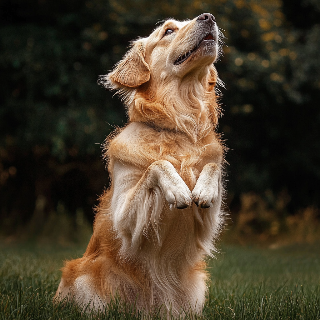 Golden retriever on grass looks happy, fluffy fur. Bright light, high-definition texture.