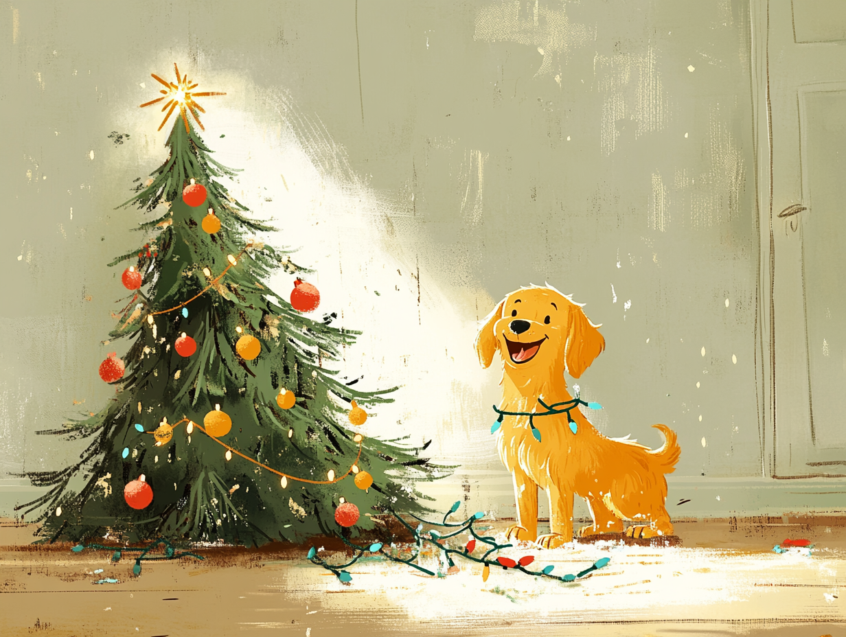 Golden retriever puppy tangled in Christmas lights near toppled tree.