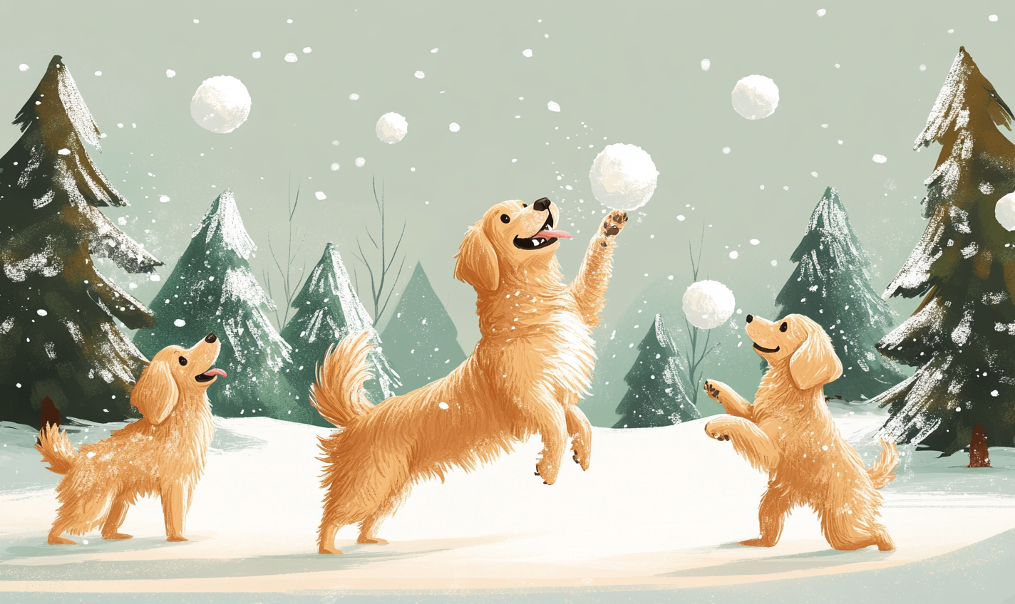 Golden retriever pups in snowball fight, Christmas fun.