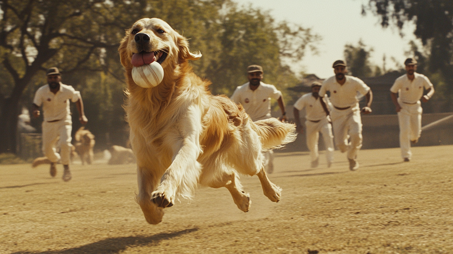 Golden retriever running with cricket ball, chased by players.