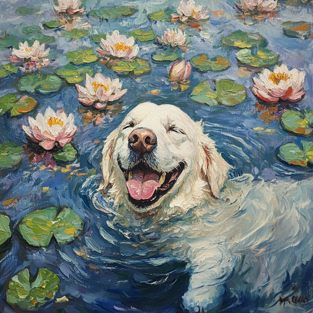 Golden retriever swimming in Monet's water lilies pond.