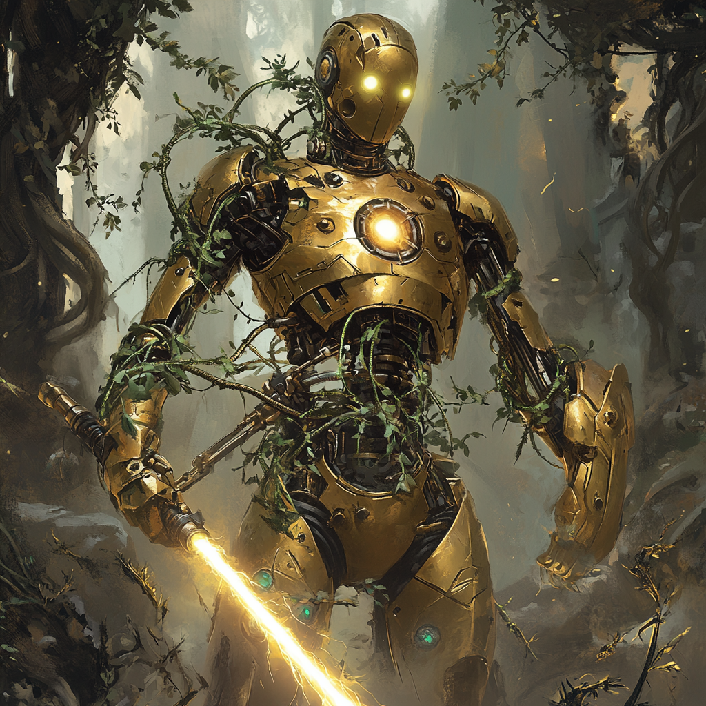 Golden robot with vines and plasma sword- A masterpiece!