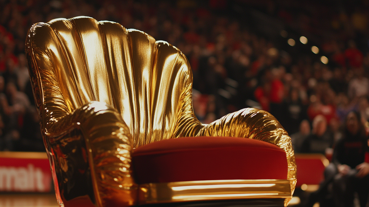 Golden seat shines at basketball game with cheering fans.