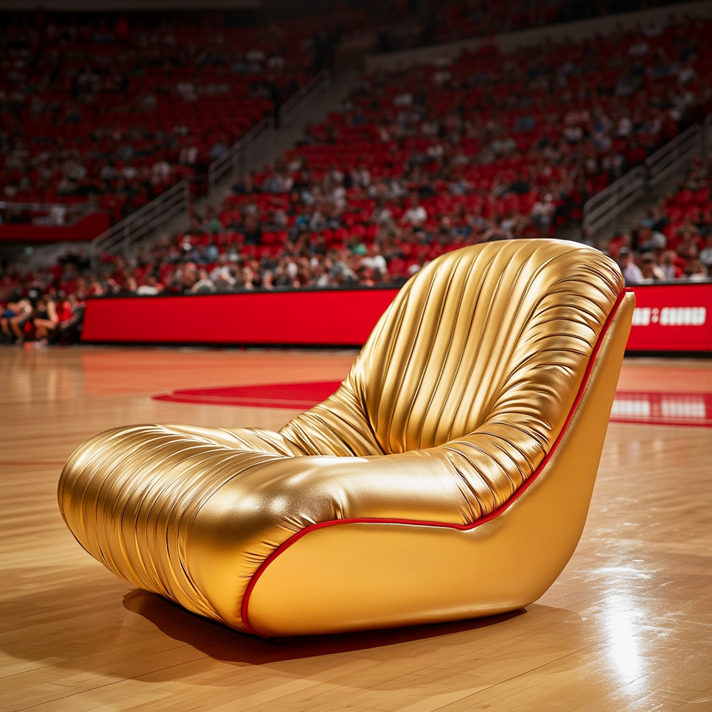 Golden shell chair near basketball court with cheering fans.